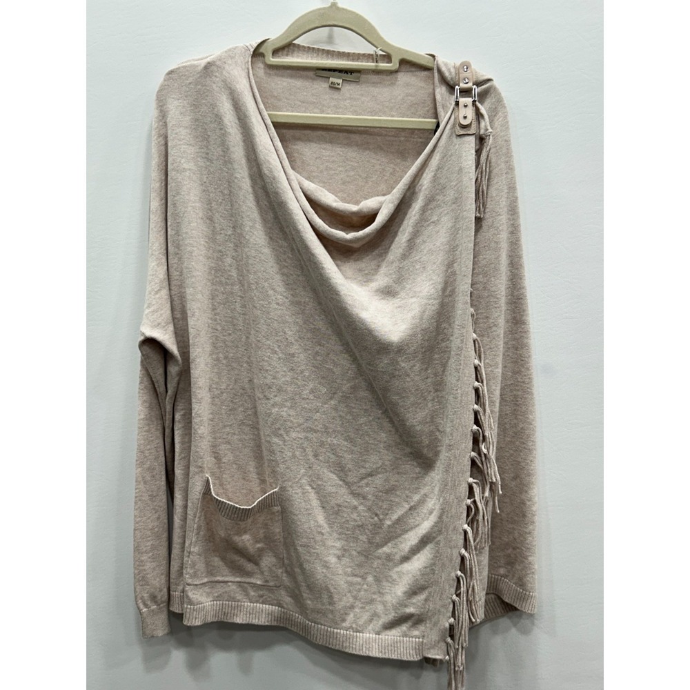 Repeat Blouse Womens Medium Beige Wrap Sweater Fringe Buckle Detail Knit